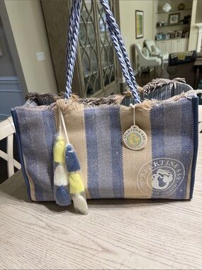 Spartina 449 Blue and Cream Seacoast Striped Tote with Tassels